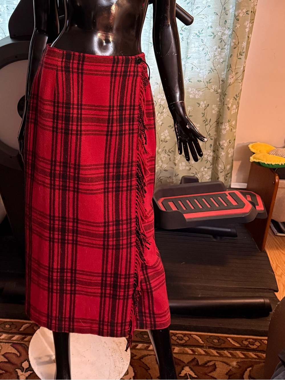 Red Plaid Wrap Midi Skirt with Fringe Detail